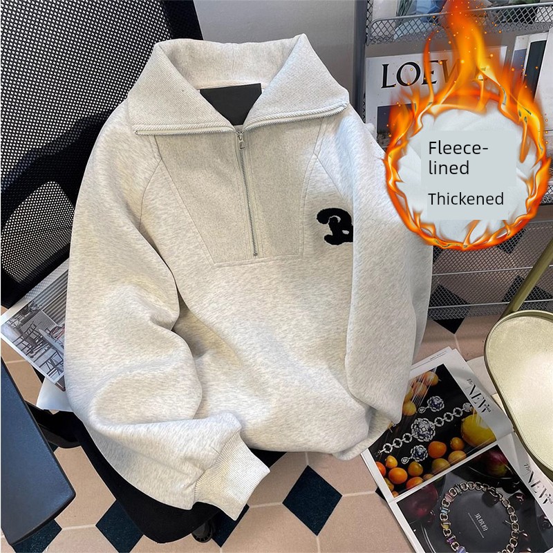 Chubby Girl Autumn and Winter New American Gray Embroidery Lapel Hoodie Women Loose Plus size Idle Style High-Grade Top Fashion