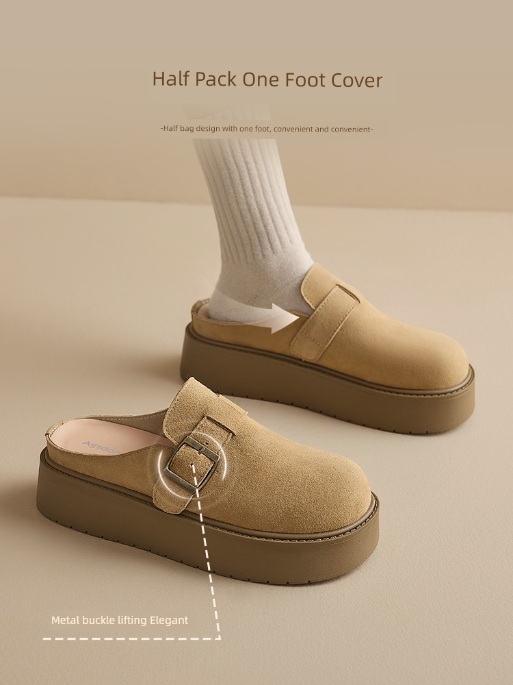 Augusto Thick Bottom Birkenstock Women 2025 New Spring Genuine Leather Slip-on Closed Toe Half Slippers 2024 Autumn and Winter