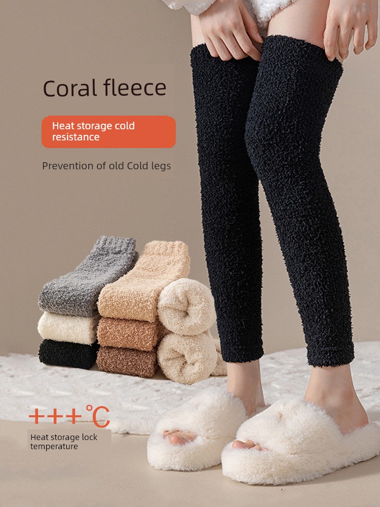 Coral Fleece Kneecap Foot Sock Women's Winter Fleece-lined Heattech Knee Socks Autumn and Winter Women's Cold-Proof Sleep Long Tube Leg Warmer