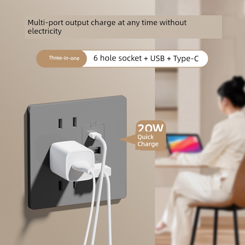 International Electrician Six-Hole with Type-c Fast Charge 20W Wall Socket with Switch USB Interface Mobile Phone Charging For Home