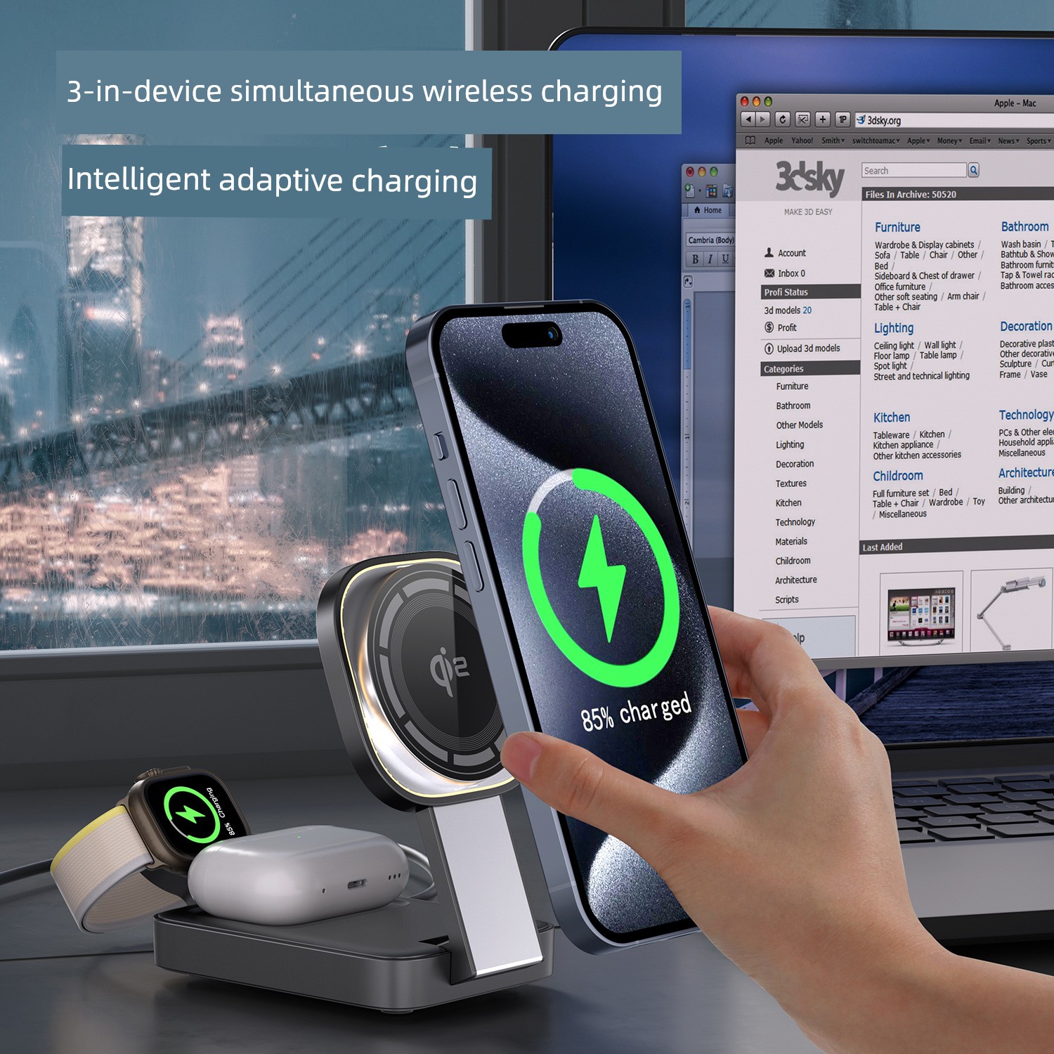 New Magnetic Three-in-One Wireless Charger Qi2 Certification Applicable to iPhone MagSafe Wireless Fast Charging iPhone 15 IWatch Watch Headset Foldable Desktop Bracket Base