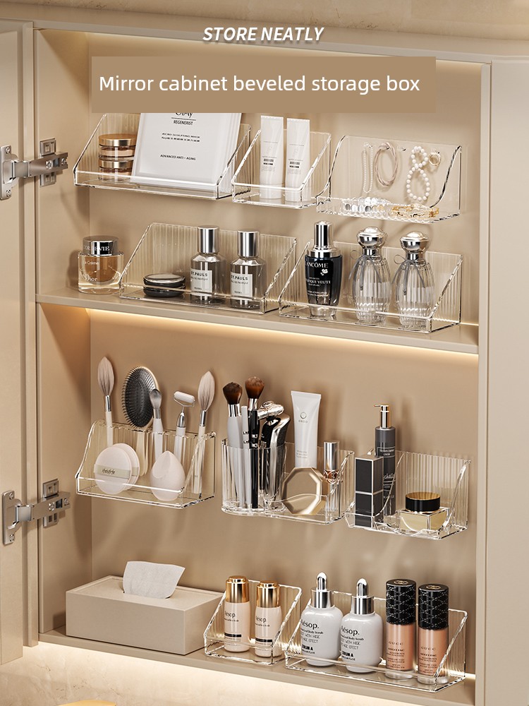 Mirror Cabinet Storage Box Bathroom Wall-Mounted Mirror Cabinet Transparent Cosmetics Lipstick Oblique Storage Rack