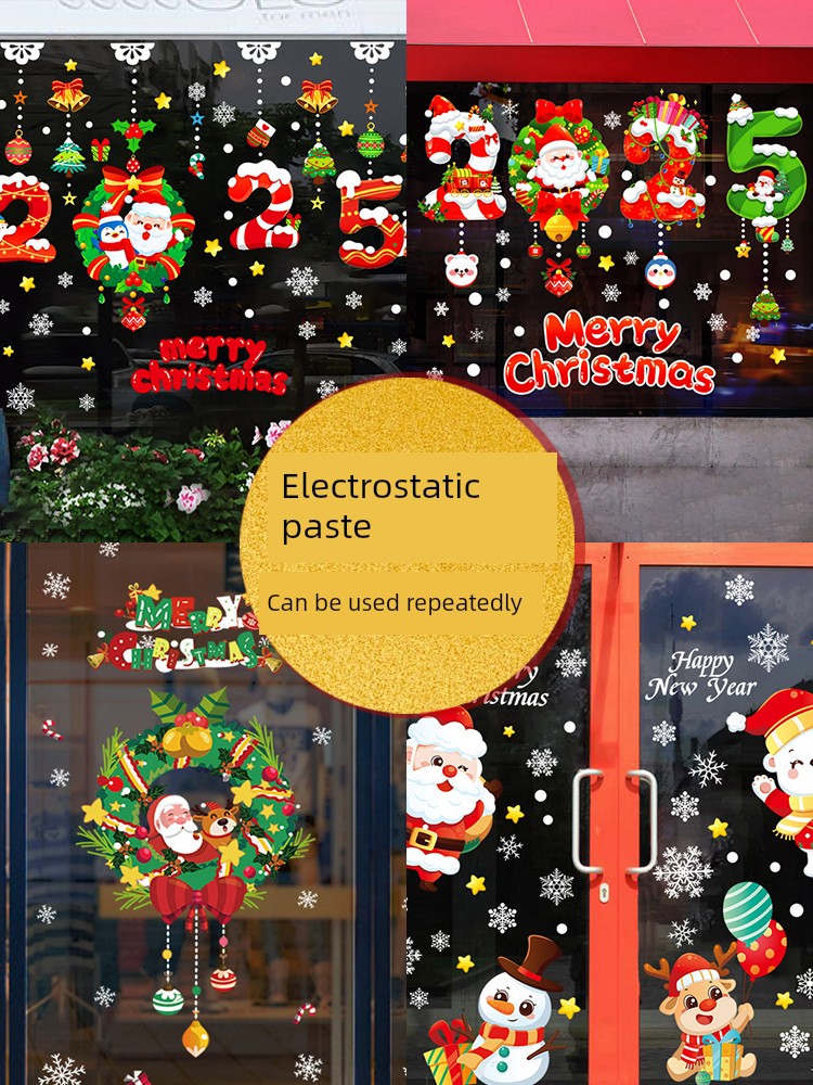 Christmas Decorations Glue-Free Static Sticker Santa Claus Stickers Shopping Window Glass Scene Atmosphere Layout