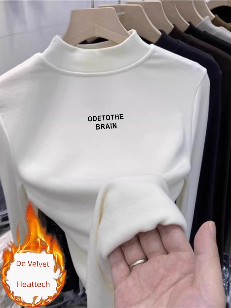 Dralon Mid-Collar Bottoming Shirt Female Fleece-lined 2025 Autumn and Winter Half Turtleneck Loose Inner Wear Long Sleeve T-shirt Easiest for Match Tops