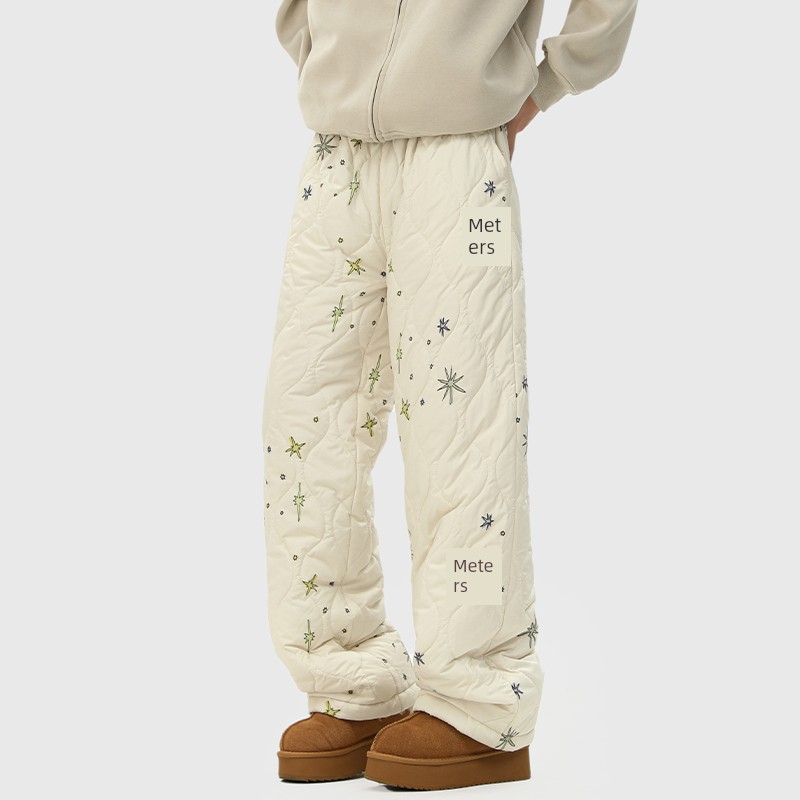 Japanese Style Diamond Lattice XINGX Full Print Casual Cotton Pants Female Winter Loose Wide Leg Straight Fleece-lined Thickened Warm Pants