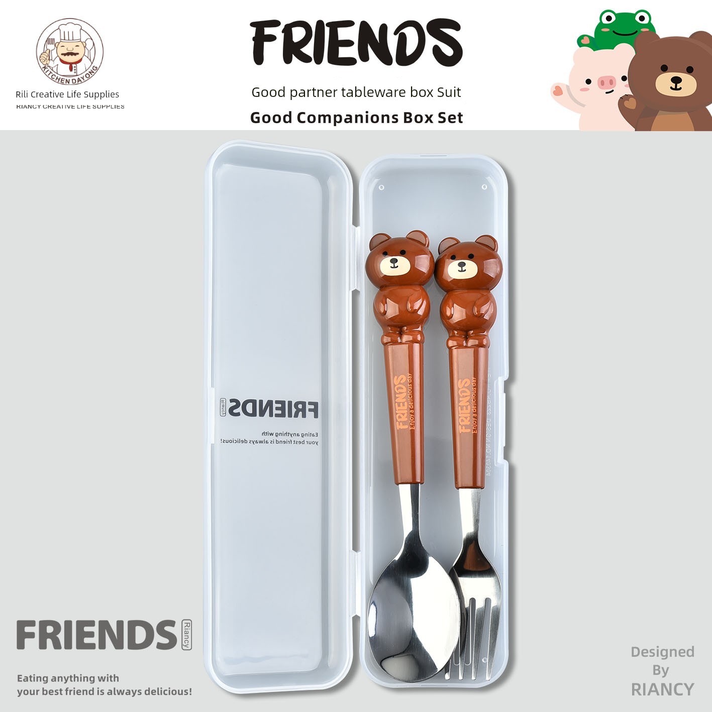Kids Tableware Suit For Home Cute Cartoon Animal Bear Soup Spoon Stainless Steel Portable Student Rice Fork Spoon Chopsticks