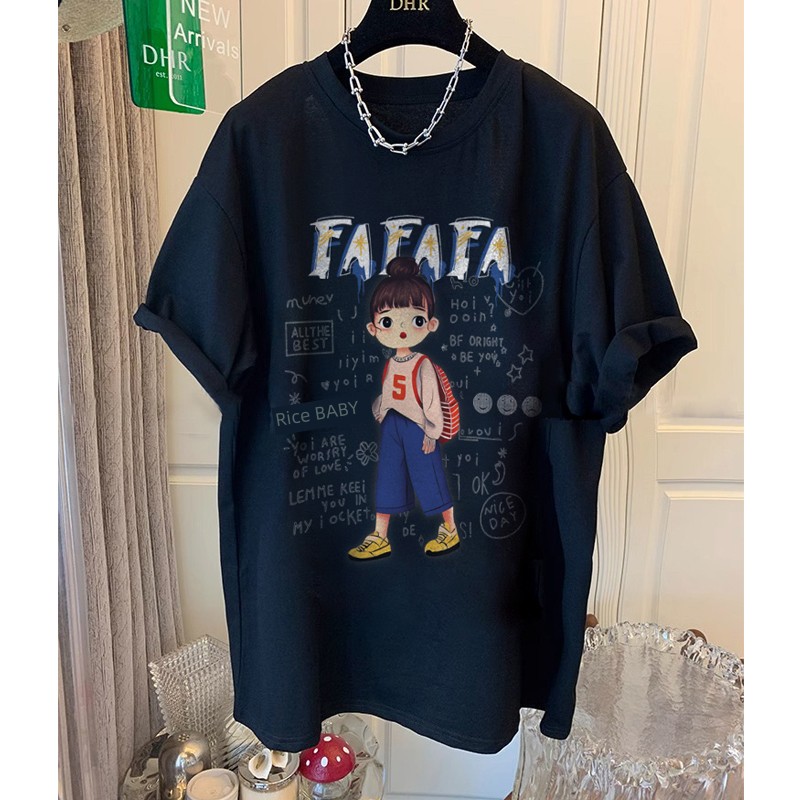 Pure Cotton over Plus Size 150.00kg Plus Size Ladies Letter Print Short-Sleeve T-Shirt Female Loose Casual K-style Mid Length Long Length Tops Summer