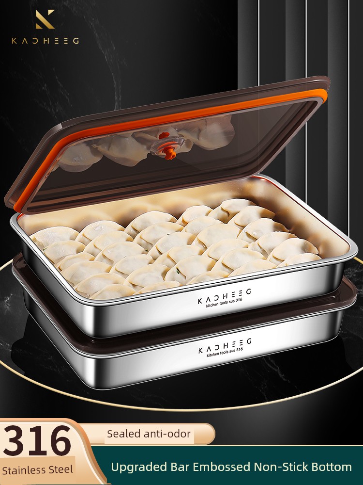 Crisper Food Grade Stainless Steel Rectangular Box with Lid Wonton Freezer Box Instant Frozen Dumpling Storage Box for Refrigerator