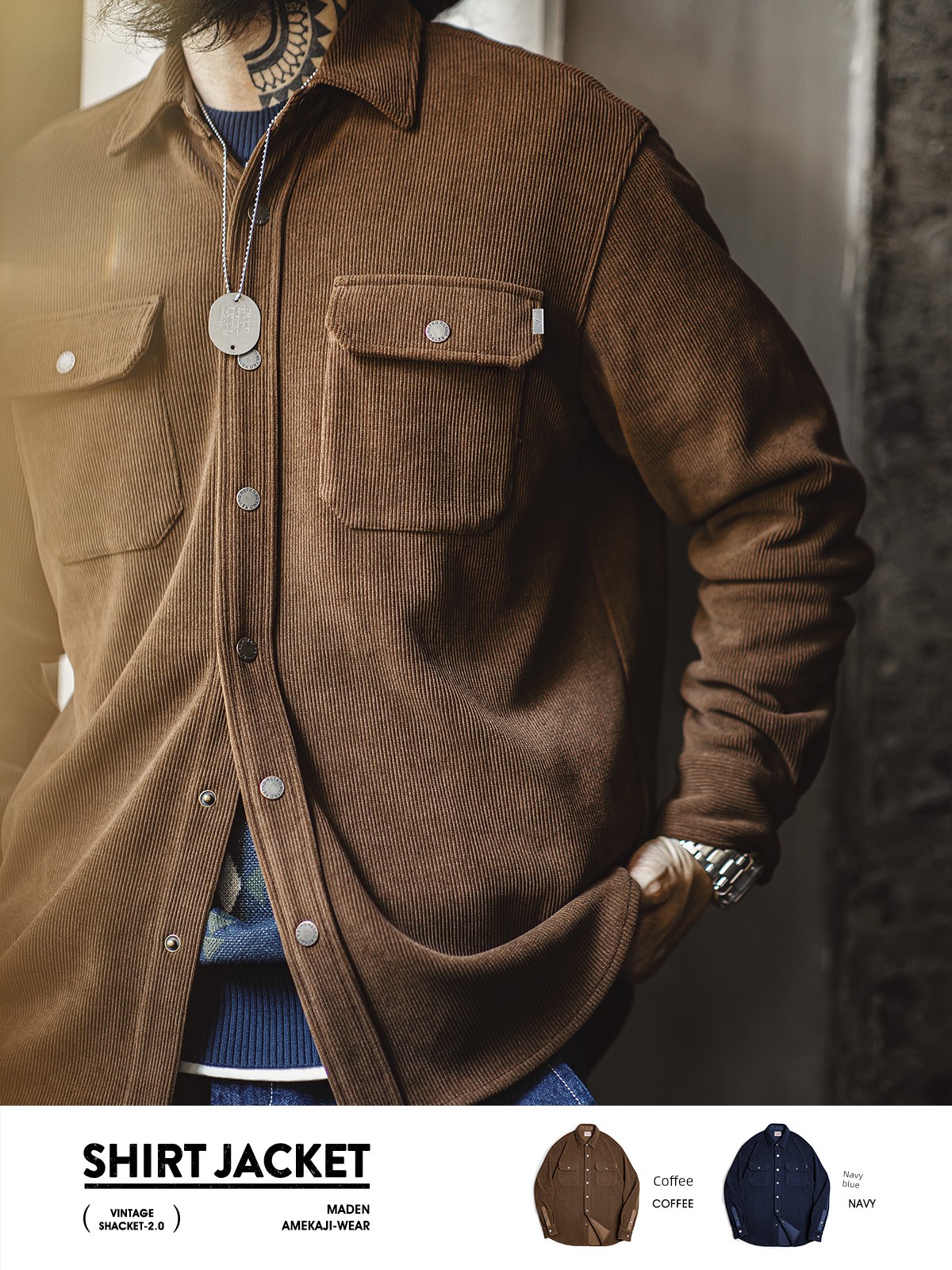 Madden Cargo American vintage Heavy Knitted Corduroy Shirts Jacket Imitation Corduroy Lapel Outerwear Men's Autumn and Winter