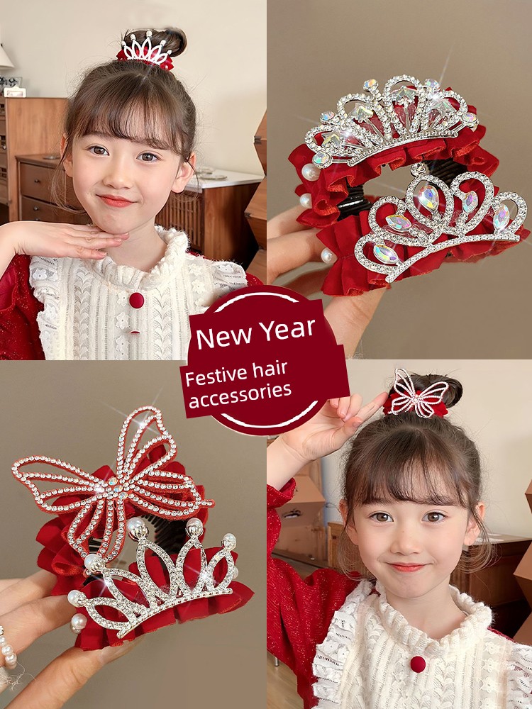 Red Children's Crown Headdress Barrettes Girl 2024 New Arrival Little Girl Rhinestone Hair Band New Year Hair Accessories