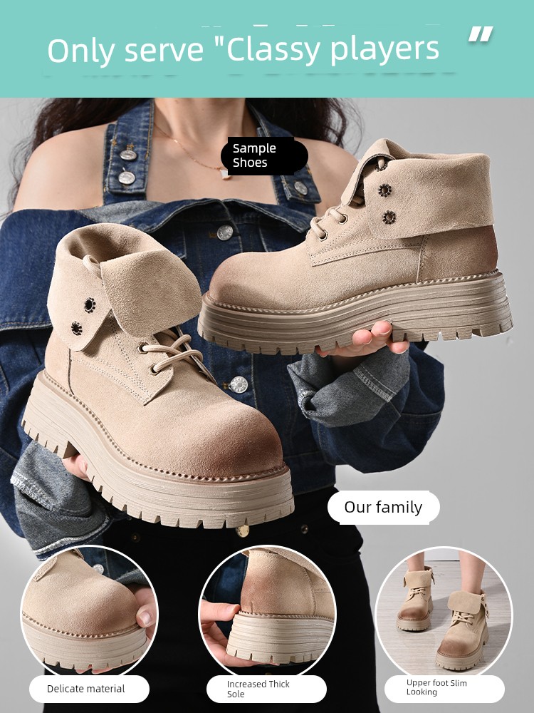 Flip Letter Boots Women 2025 New Arrival Worker Boots Thick Sole Height Increasing Retro British Style Authentic Leather Platform Boots