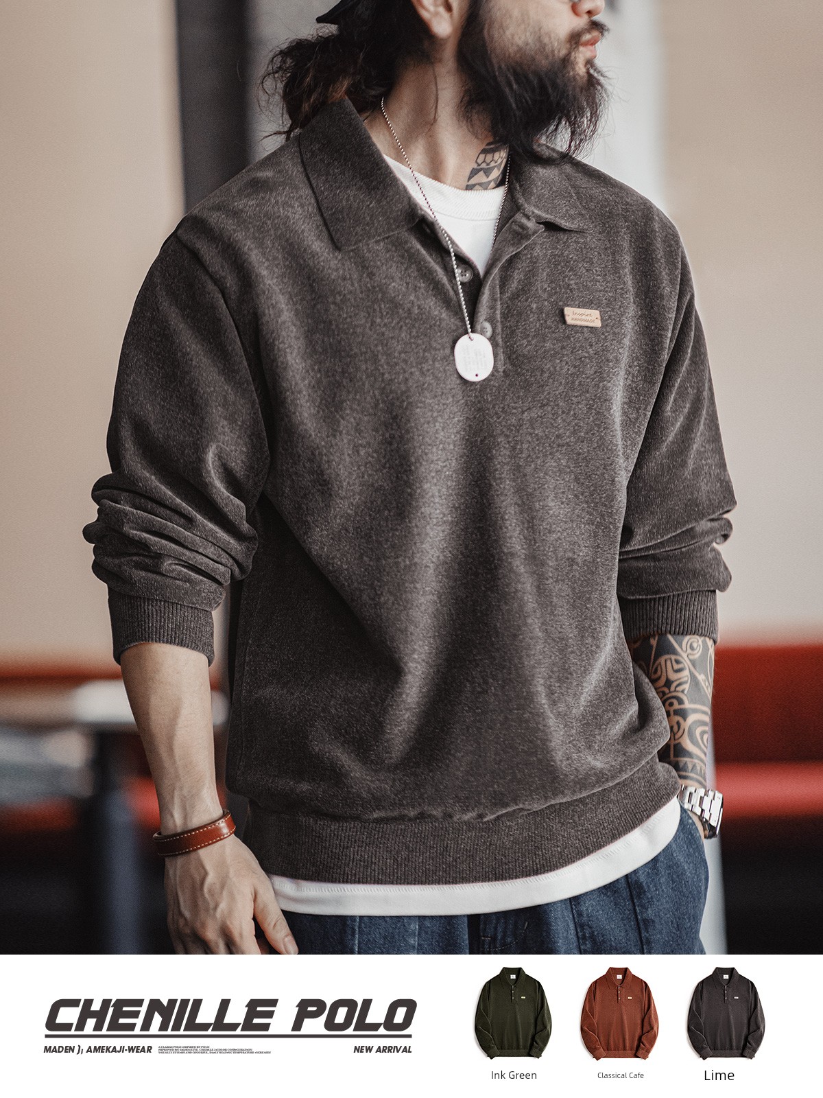 Madden Parka American Retro Chenille Half Cardigan Polo Shirt Loose Lapels Pullover Long Sleeves T-shirt Men's Autumn