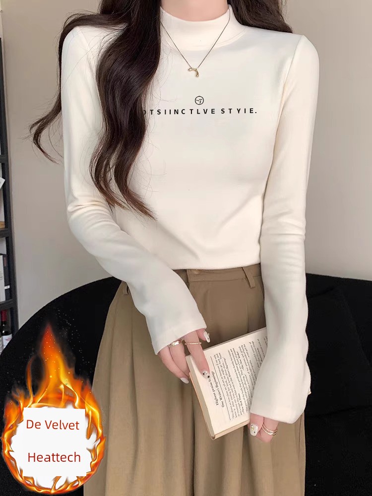 Dralon White with Fleece Lining Thickened Inner Bottoming Shirt Long Sleeves T-Shirt 2025 New Arrival Female Fall and Winter Shoulder Fashion Tops
