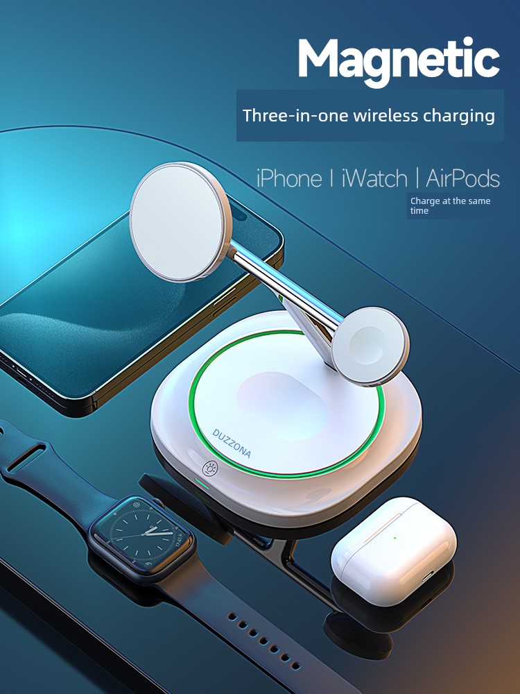 Suitable for iPhone Watch Creative Three-in-One Desktop Bracket Magnetic Wireless Charging MagSafe 15W Fast Charging IPhone12-16iwatch Earphone Charging Belt at the Same Time