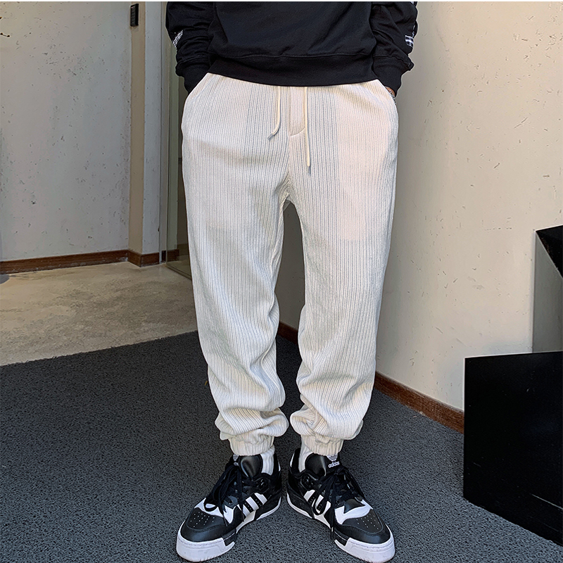 Uncle Bar Spring & Fall Men Beige Corduroy Casual Pants Ankle Banded Pants Loose Track Pants American K-style Pure Color Tide