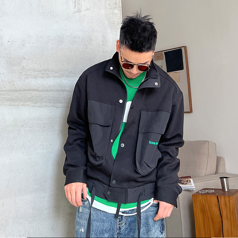 Uncle Bar Spring and Autumn Men Stand Collar Workwear Jacket Baggy Coat Youth Handsome Tops Long Sleeves American K-style Tide