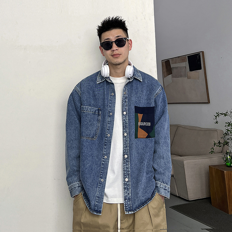 Uncle Bar Spring and Autumn American Retro Lapel Casual Denim Jacket Men K-style Pure Cotton Trendy Washed Baggy Coat