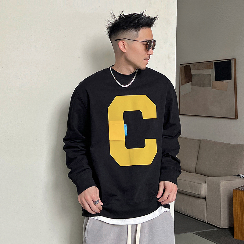 Uncle Bar Spring and Autumn Men round Neck Pullover Top Casual Loose American Letter Print Sweatshirt Tide K-style Pure Cotton