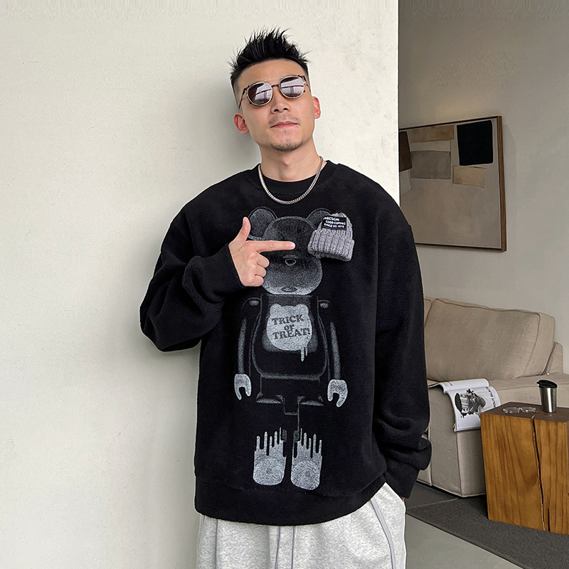 Uncle Bar Spring and Autumn Men round Neck Pullover Bear Print Sweatshirt Patchwork K-style Casual Loose Top American Fashion