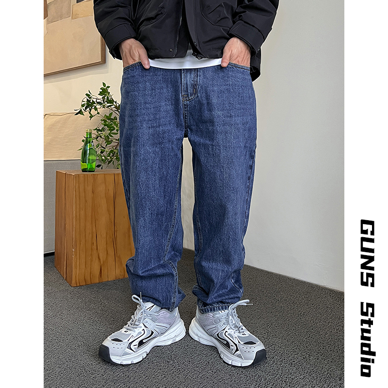 Uncle Bar Spring and Autumn American Retro Loose Casual Denim Men's Easiest for Match Washed Straight-Leg Pants K-style Trendy Trousers