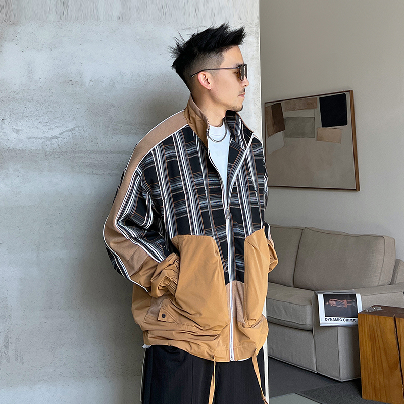 Uncle Bar Spring and Autumn Men Stand Collar Casual Patchwork Contrast Color Stripes Print Tops Jacket Baggy Coat Parka Tide
