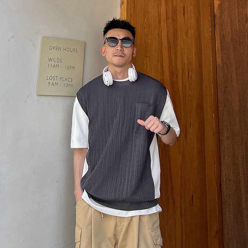 Uncle Bar Summer Fashion Patchwork Fake Two-Piece round Neck Short Sleeve T-shirt Men's American K-style Casual Half-Sleeved Loose Tops