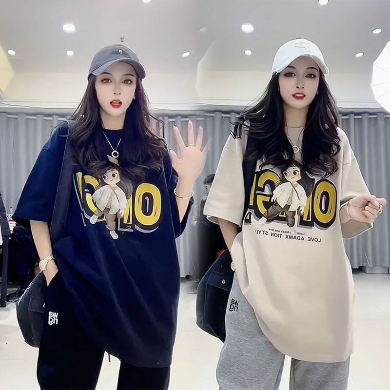 Plus Size Ladies 1.00 Kg-150.00 kg Plus Size Cartoon Little Girl Print Mid Length Long Length Short-Sleeved T-shirt Female Flab Hiding Western Style Slimming Tops