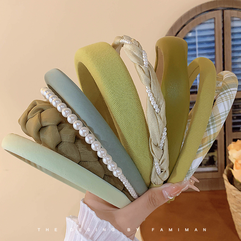 High Skull Top Green Headband Female Fancy Face Slimming Hairpin with Broad Edge Fresh Face Washing Hair Fixer Headband Headdress