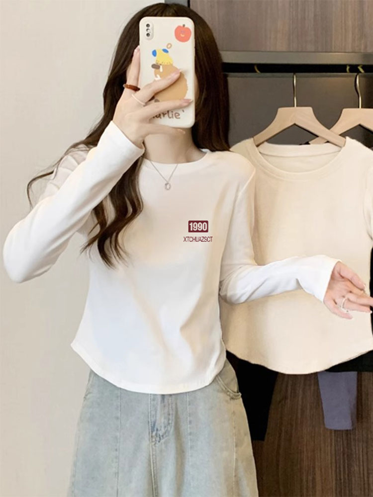 Shoulder Long Sleeves T-Shirt Women's Spring & Fall 2025 New Arrival Fall and Winter White Liner Slim Looking Bottoming Shirt Slim-Fit Crop-Top