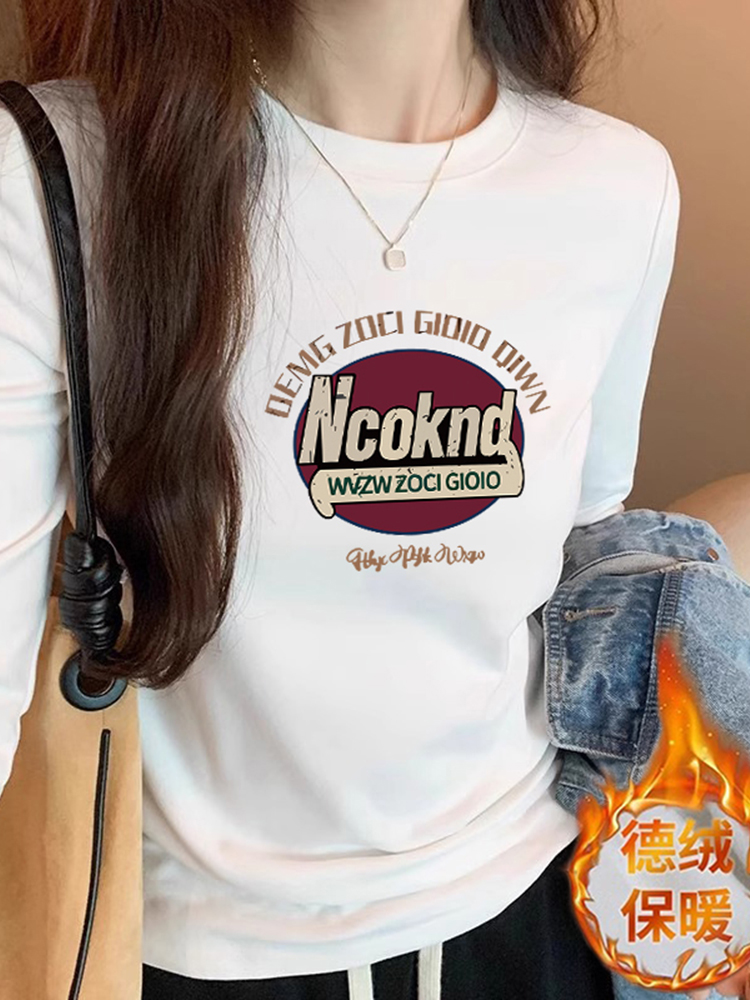 round Neck Shoulder Dralon T-Shirt Women's Fall and Winter Long Sleeves Inner Match Slimming Short Velvet Thickened All-Matching Bottoming Shirt Tops
