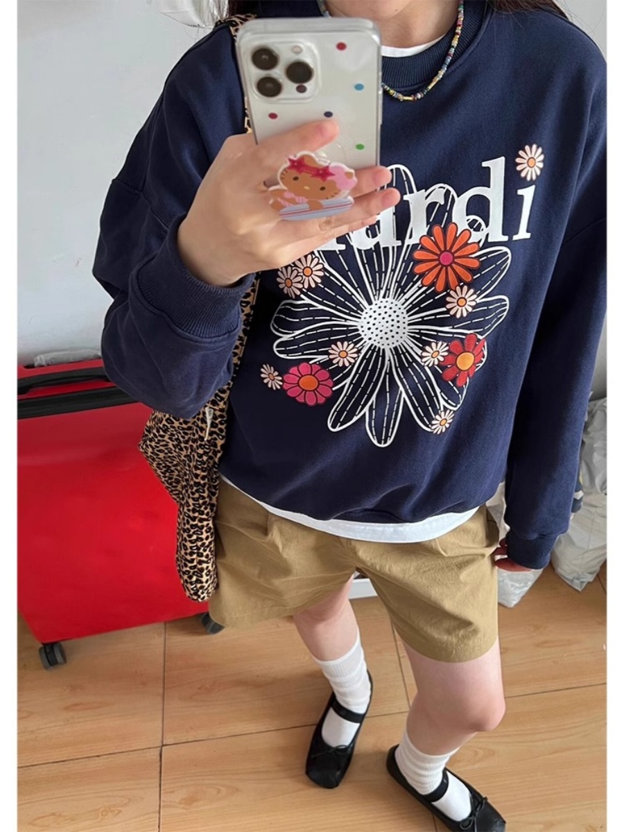American Retro Navy Blue Flowers Print Short Sweatshirt Women's Spring and Autumn Small Loose round-Neck Non-Hoodie Tops
