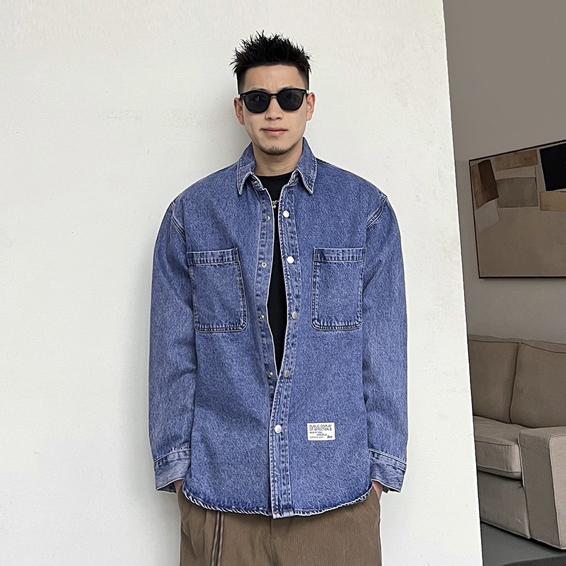 Uncle Bar Spring and Autumn American Retro Lapel Casual Denim Shirt Men's Versatile Long Sleeve Shirt Trendy Korean Coat