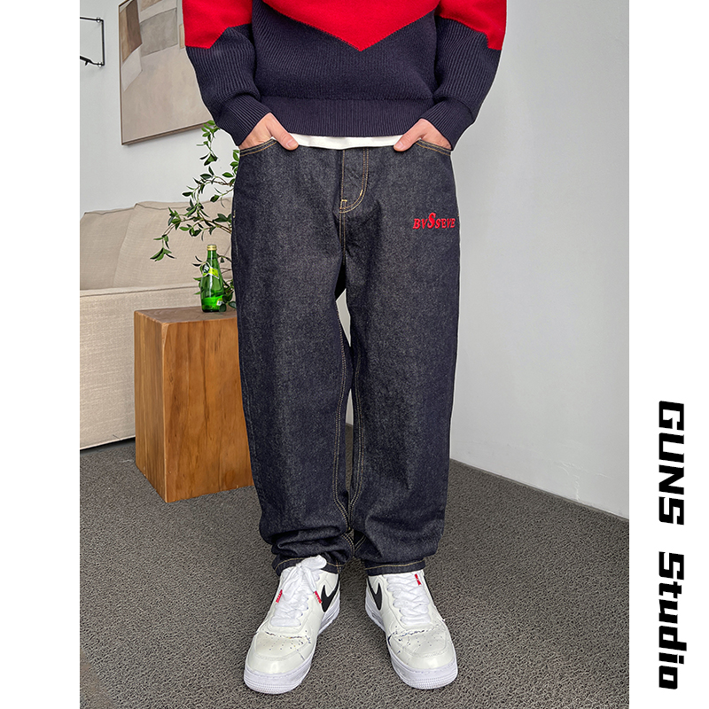 Uncle Bar Spring and Autumn Letters Print Pure Cotton Casual Denim Male Loose Korean Style Straight-Leg Pants American Style Trend Pants