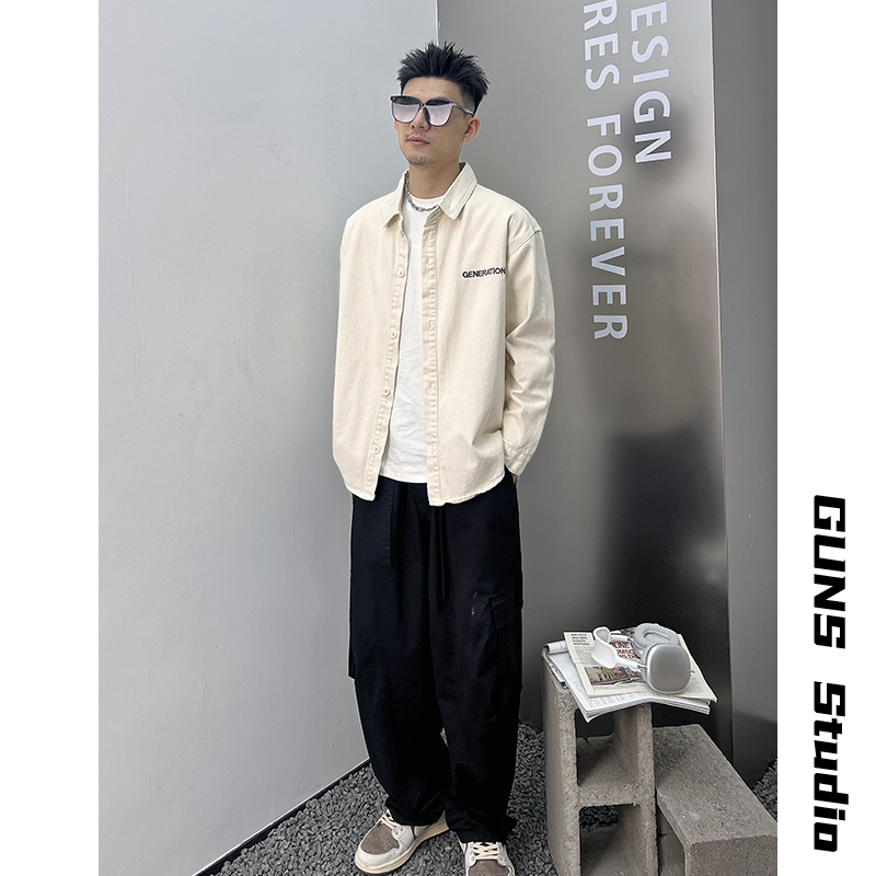 Uncle Bar Denim Outwear Men's Spring and Autumn Letters Print Simple Casual All-Match Loose Korean Style Shirt Jacket Fashion