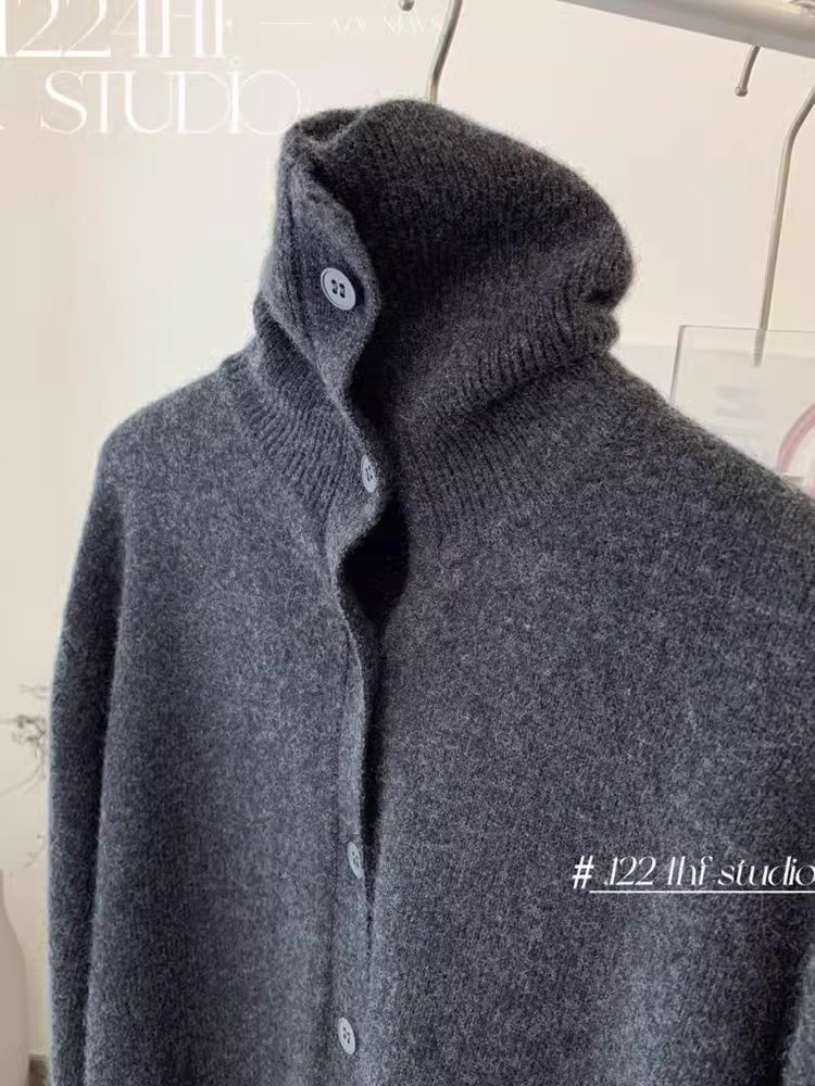 Recommendable! European Goods Classy Lapel Cashmere Black Gray Sweater Women's Spring Soft Glutinous Heattech Wool Knitwear