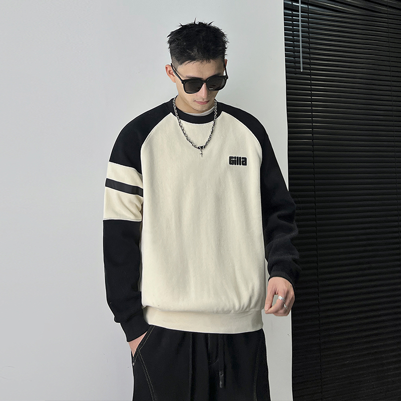 Uncle BA Brushed Hoody Men's Autumn and Winter Warm Stitching Contrast Color Minimalist Casual Crew Neck Top Non-Hoodie Pullover Loose
