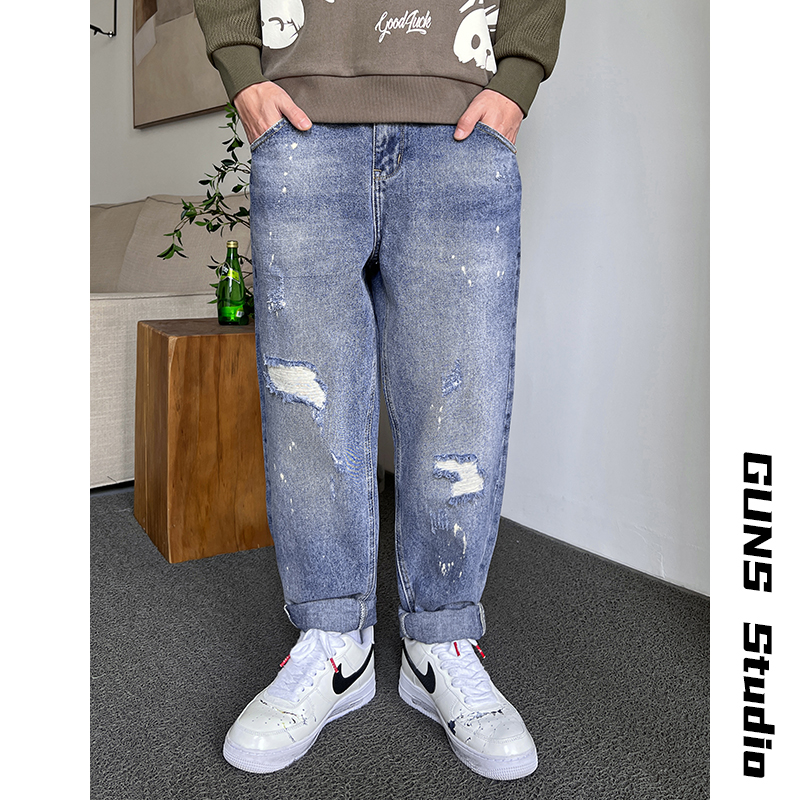 Uncle Bar American Retro Water Washed Hole Casual Denim Men's Spring and Autumn Baggy Straight Trousers K-style Trendy Trousers