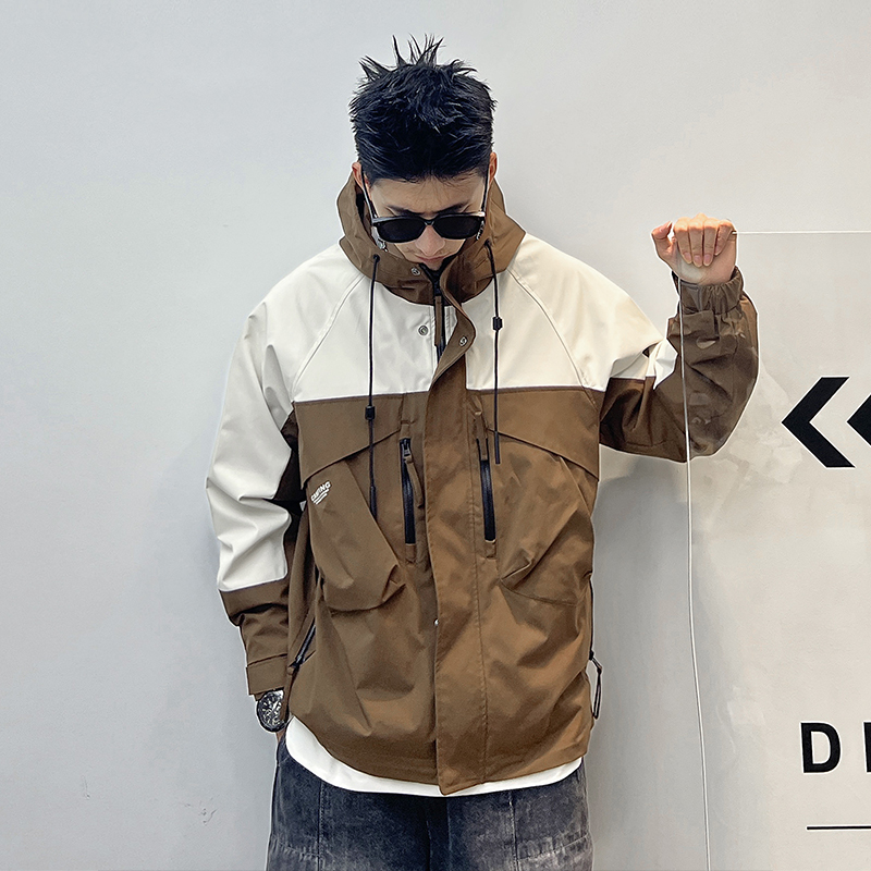 Uncle Bar Men's Assault Jacket Spring and Autumn Outdoor Casual Sports Trendy Fashion Contrast Color Jacket Hooded Outwear Loose