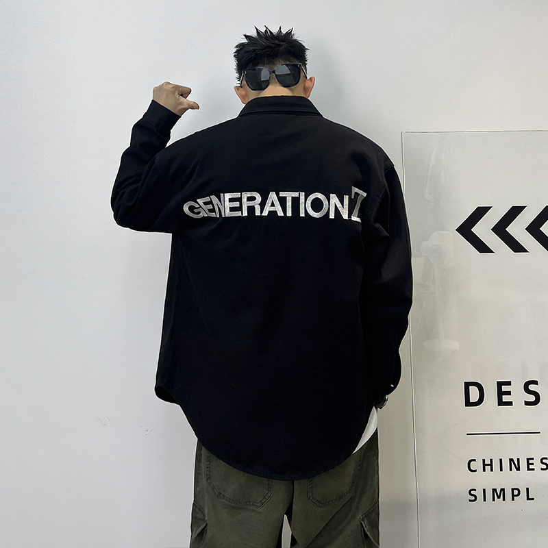 Uncle Bar Denim Outwear Men's Spring and Autumn Letters Print Simple Casual All-Match Loose Korean Style Shirt Jacket Fashion