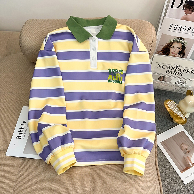 European Goods Plus Size Long Sleeves Polo Shirt Mid Length Long Length Sweatshirt Men and Women Lapel T-shirt Spring & Fall Thin Padded Stripes Tops