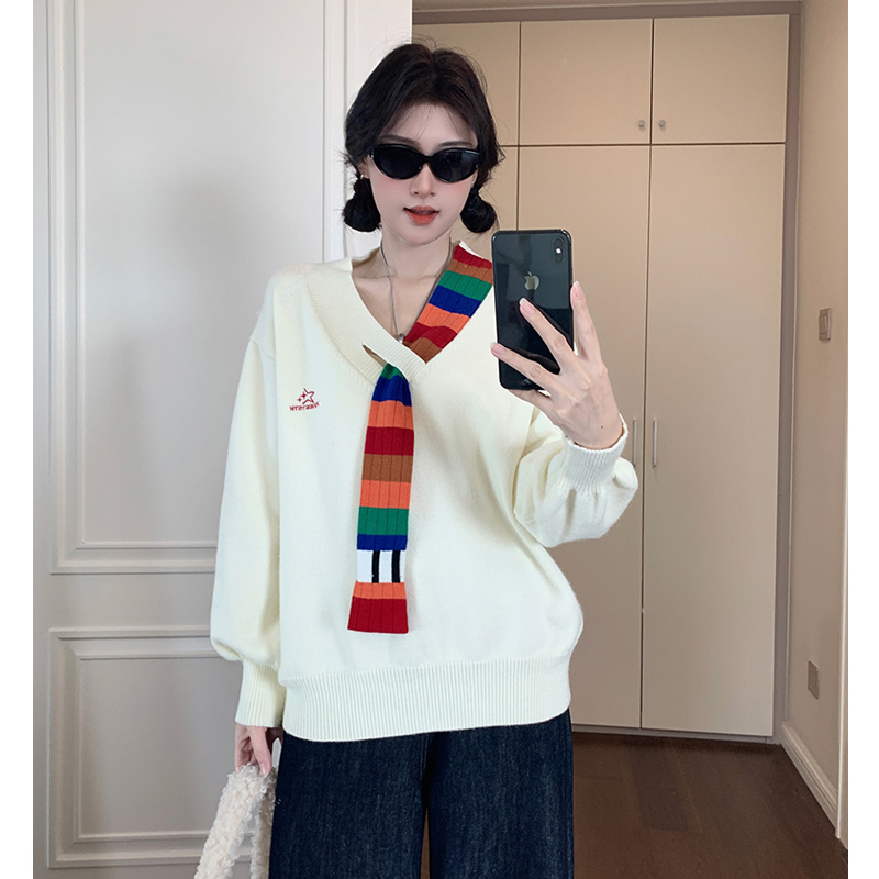 American Rainbow Wool Patchwork V-neck Sweater Outwear Spring & Fall Winter Loose Preppy Style Fancy Women's Sweater Winter