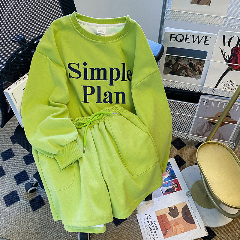 European Station Plus Size 100.00kg Casual Sports Suit Female Ins Spring & Fall New Arrival Wide Leg Shorts Sweatshirt Two-piece Set Tide
