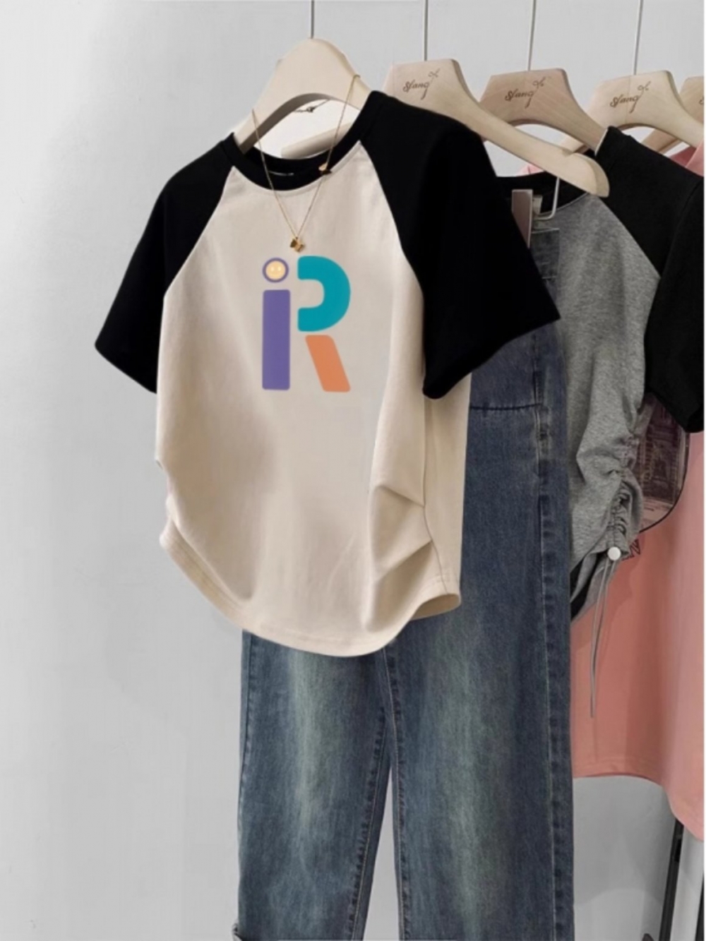 Raglan Sleeve Shoulder T-Shirt Women's Color Contrast Patchwork Summer Short Slim Looking Asymmetrical Chic Younger Short Sleeve Top Clothes